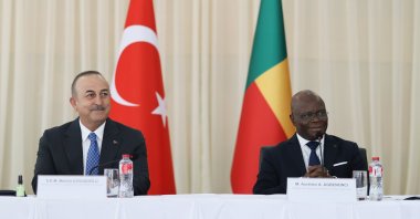 Foreign Minister Mevlüt Çavuşoğlu (L) meets with his Beninese counterpart Aurelien Agbenonci in the country's largest city Cotonou, Benin, Oct. 27, 2022. (AA Photo)