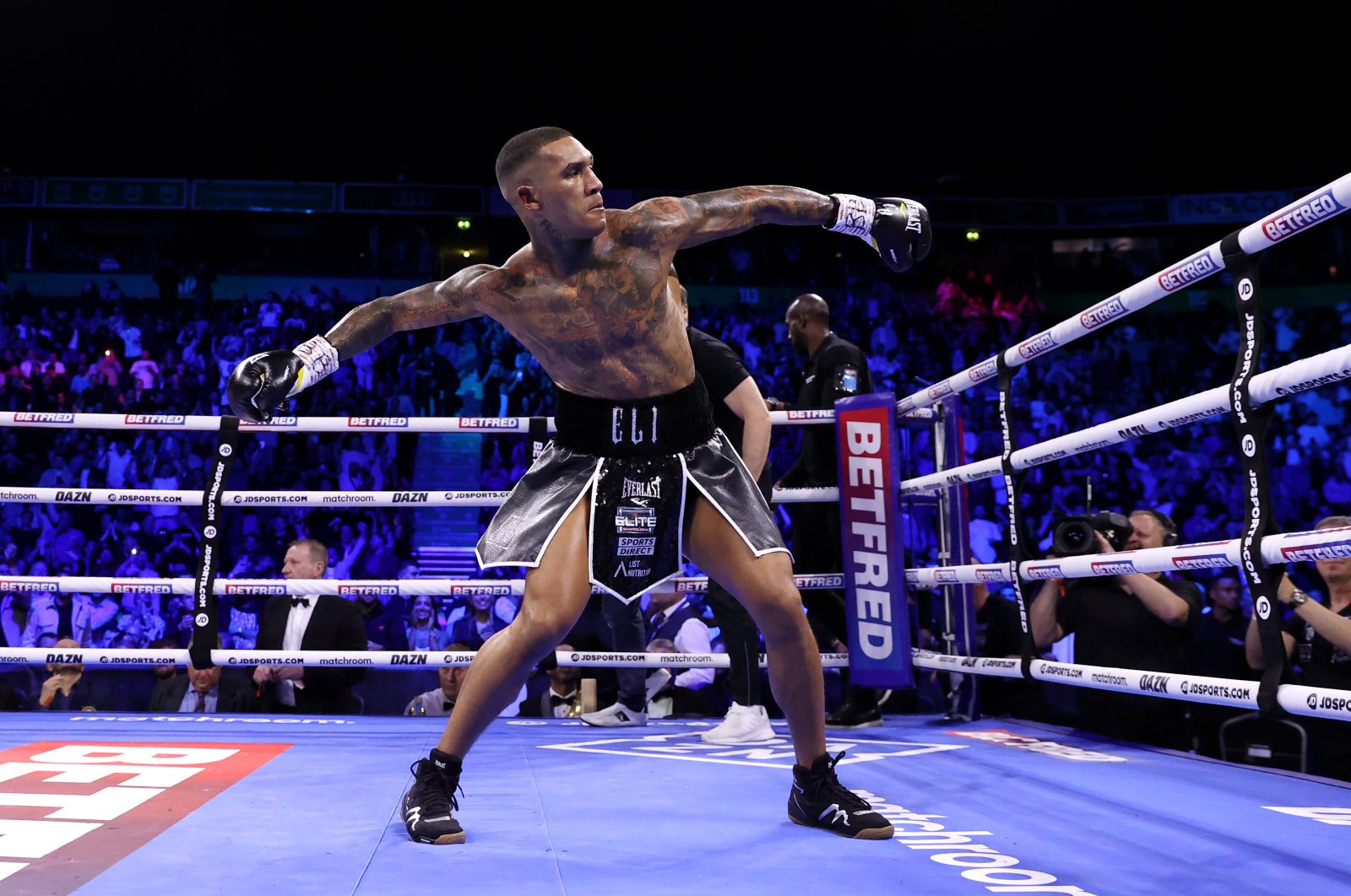 Conor Benn celebrates after victory in the WBA Continental Welterweight Title fight between Conor Benn and Chris Van Heerden at AO Arena, Manchester, England, April 16, 2022. (Getty Images Photo)