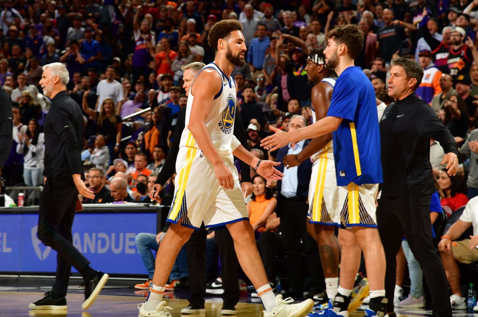 Klay Thompson #11 of the Golden State Warriors walks off the court during the game against the Phoenix Suns at Footprint Center, Phoenix, Arizona, Oct. 25, 2022. (Getty Images Photo)