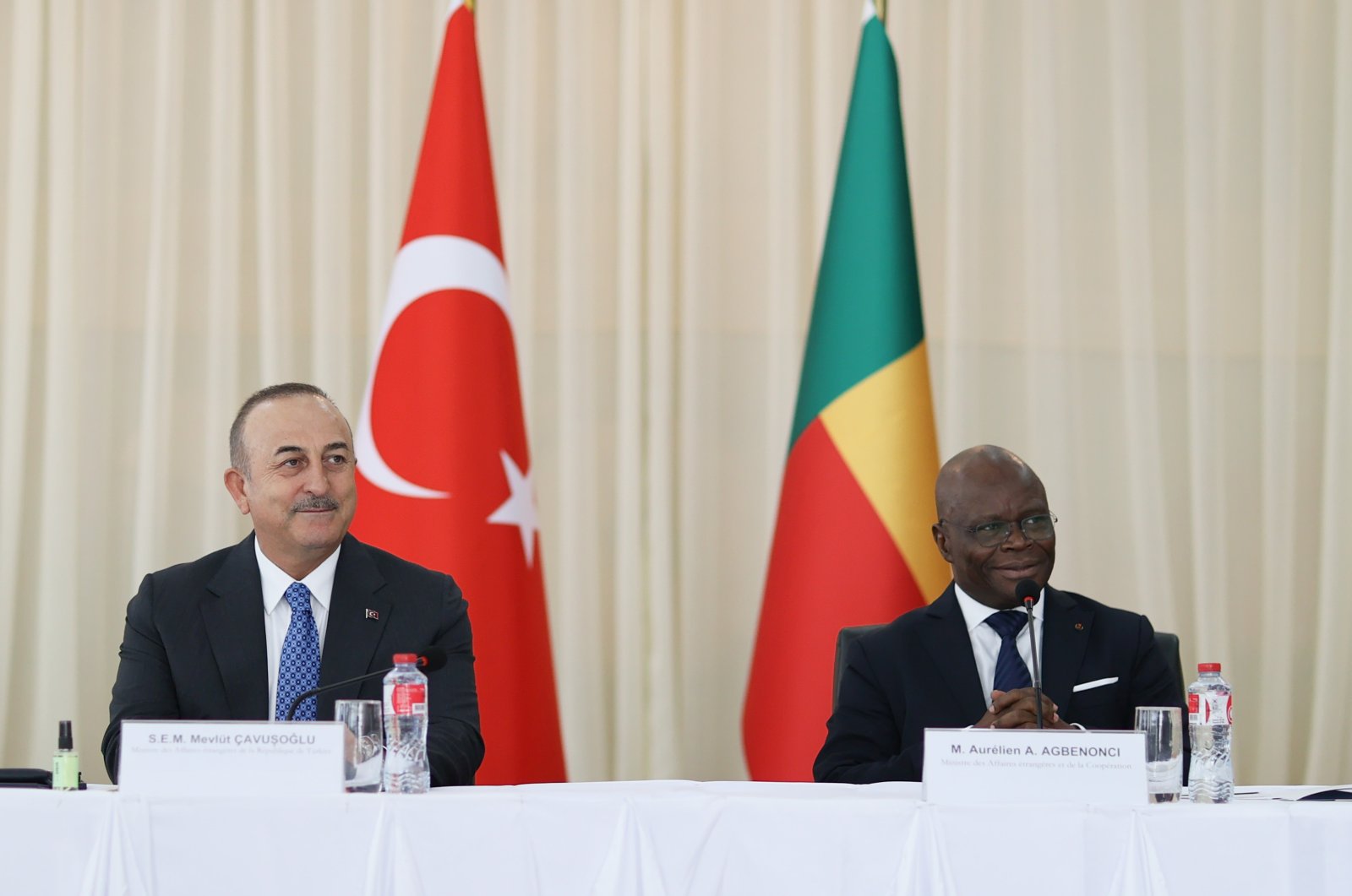 Foreign Minister Mevlüt Çavuşoğlu (L) meets with his Beninese counterpart Aurelien Agbenonci in the country&#039;s largest city Cotonou, Benin, Oct. 27, 2022. (AA Photo)