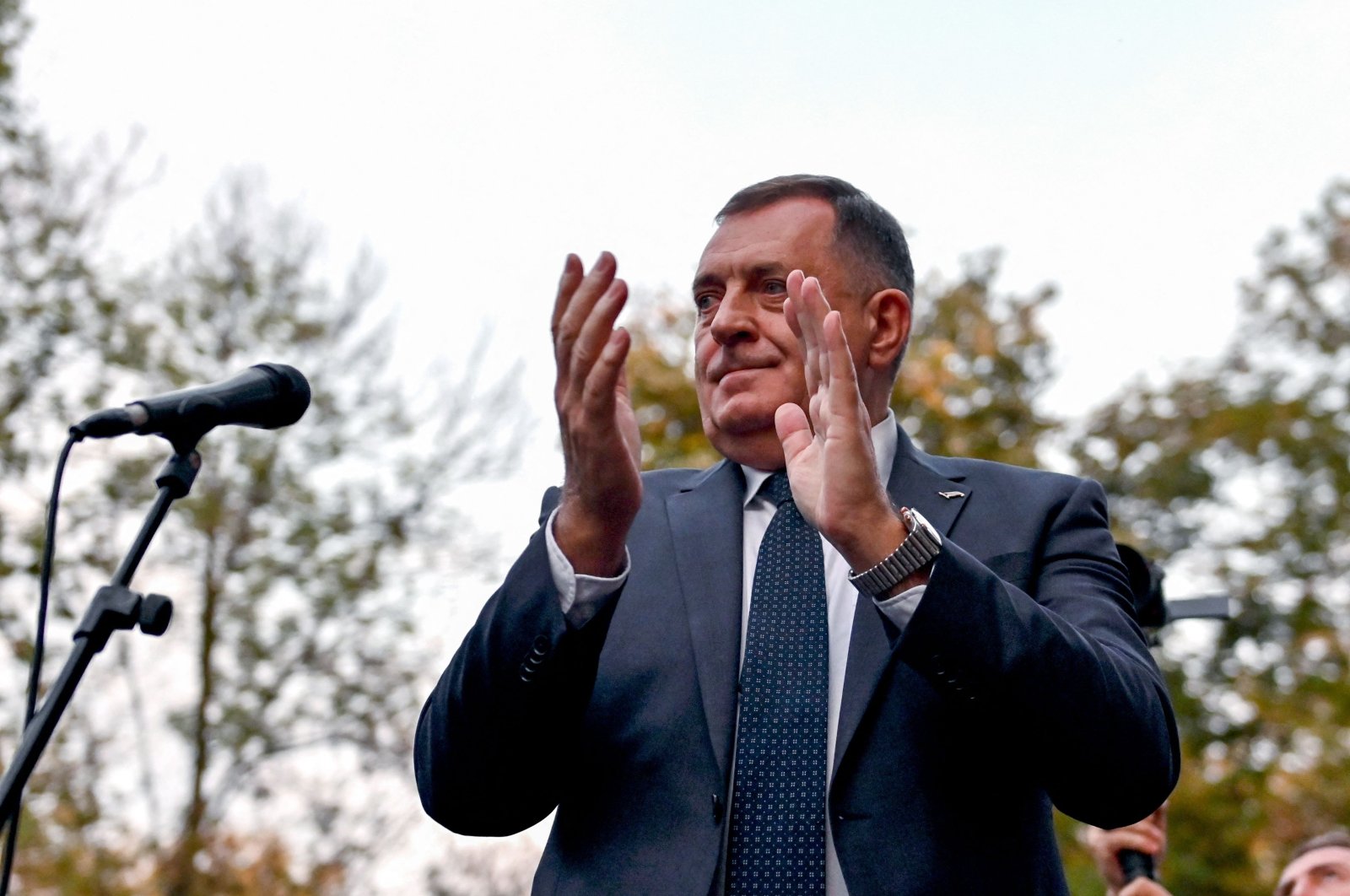 Bosnian Serb leader and member of the Bosnian Presidency Milorad Dodik addresses his supporters, as he a demonstration called &quot;People&#039;s rally for the defense of Republika Srpska&quot; protest in Banja Luka, Bosnia-Herzegovina, Oct. 25, 2022. 