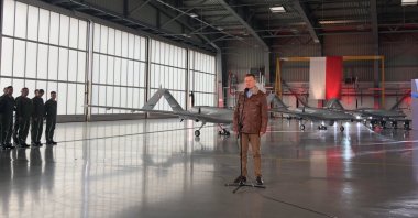 Polish Deputy Prime Minister and Defense Minister Mariusz Blazczak speaks in front of the Polish Army's newly received Bayraktar TB2 drones at a military base in Miroslawiec, Poland, Oct. 28, 2022. (Photo: @Poland_MOD)
