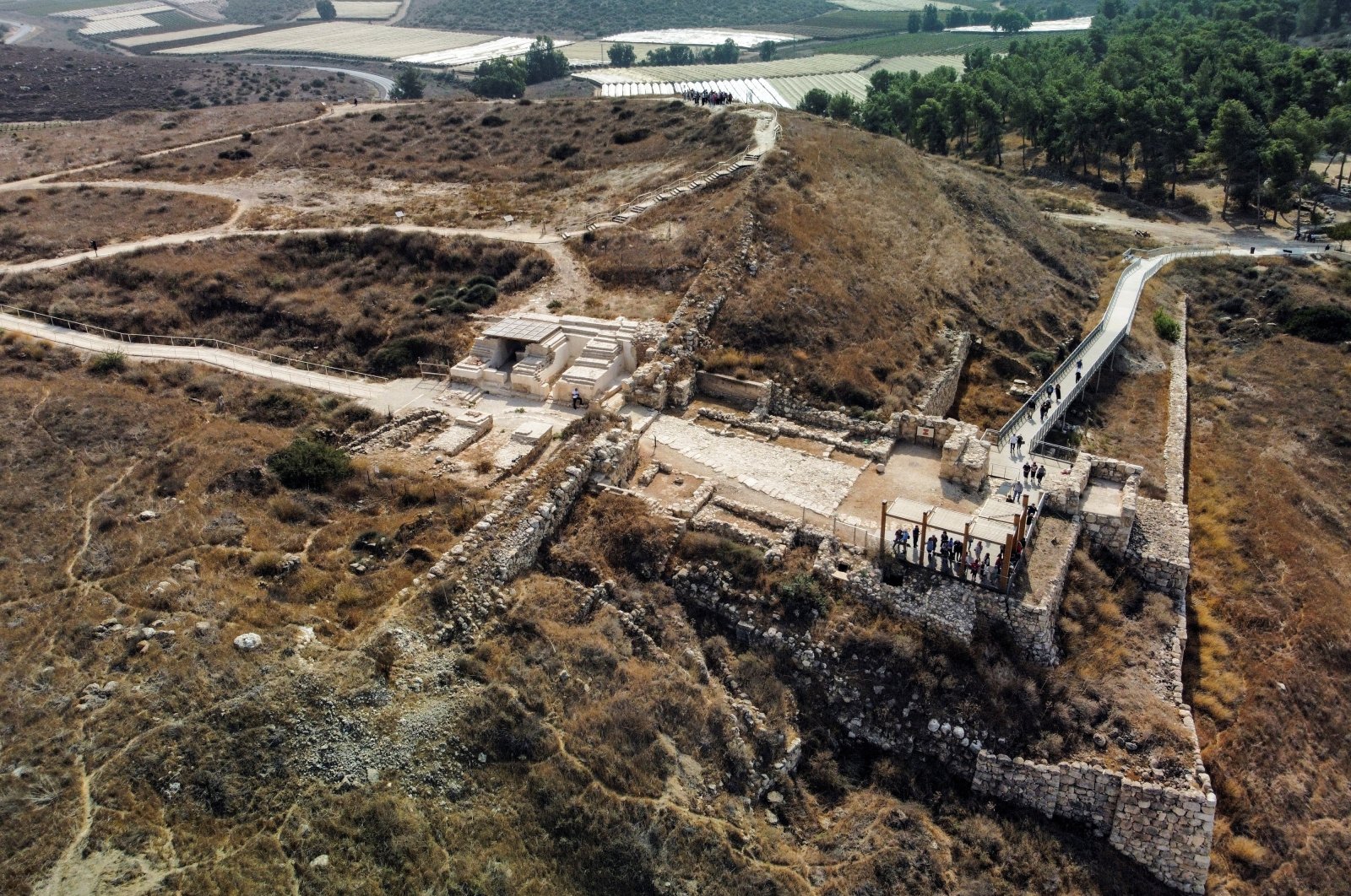 An aerial view shows visitors at Tel Lachish archaeological site in southern Israel, Oct. 25, 2022. (Reuters Photo)