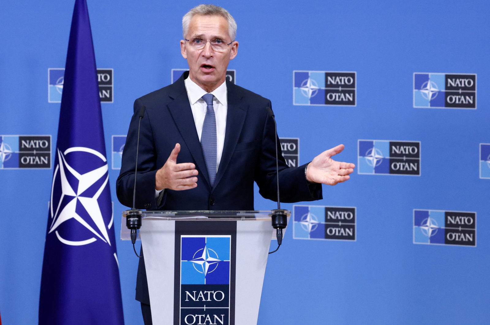 NATO Secretary-General Jens Stoltenberg attends a joint news conference with Romanian Prime Minister Nicolae Ciuca at the Alliance&#039;s headquarters in Brussels, Belgium, Oct. 26, 2022. (Reuters Photo)