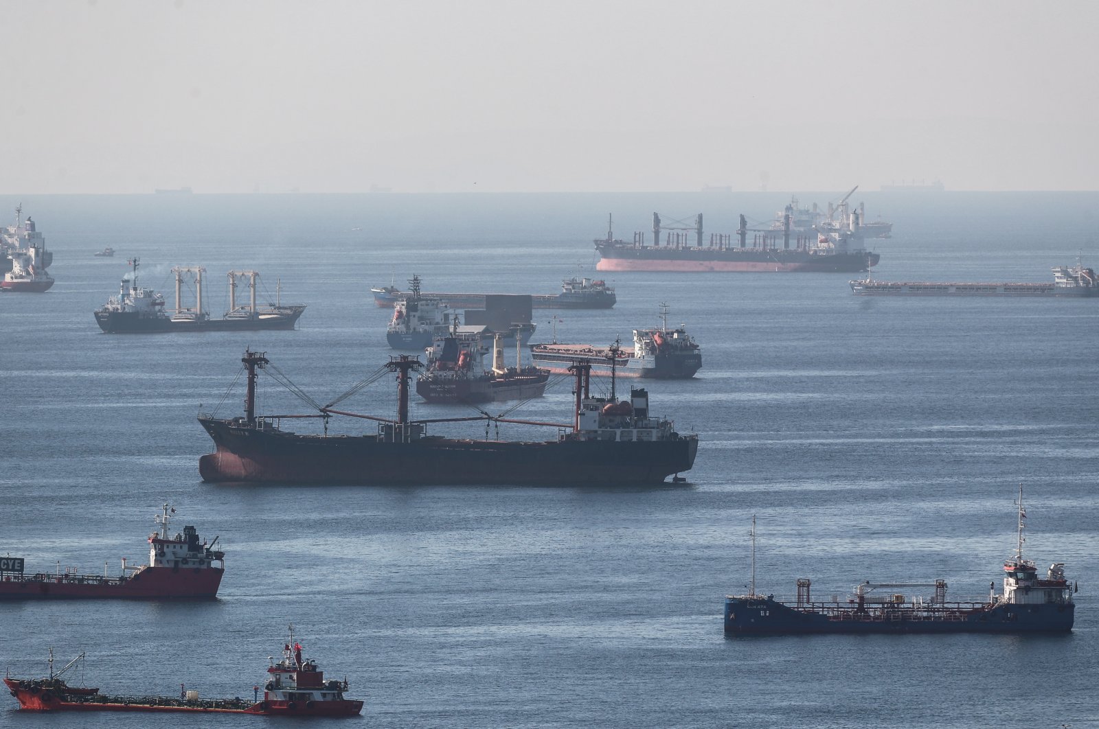 Cargo ships carrying Ukraine grain are anchored as they wait in line for the inspection on the Marmara sea, Istanbul, Türkiye, Oct. 22, 2022. (EPA Photo)