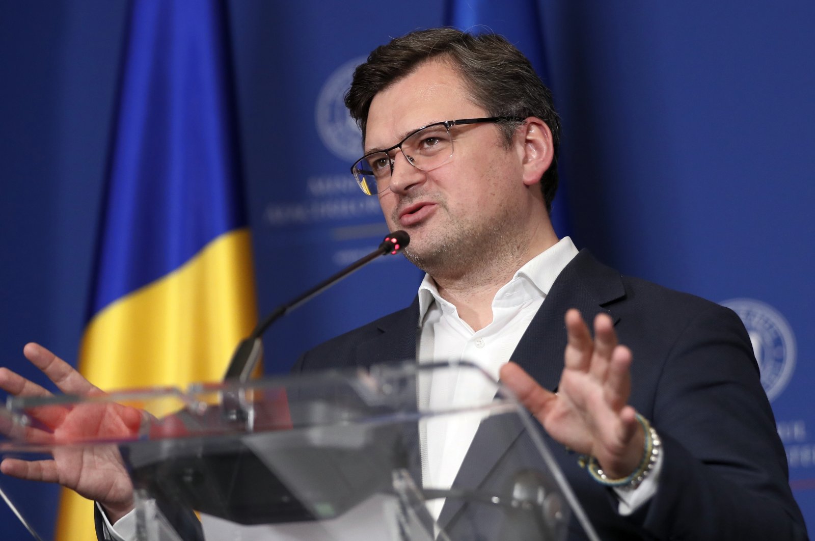Ukrainian Foreign Minister Dmytro Kuleba addresses the media during a joint news conference that followed a meeting with his Romanian counterpart, Bucharest, Romania, April 22, 2022. (EPA File Photo)