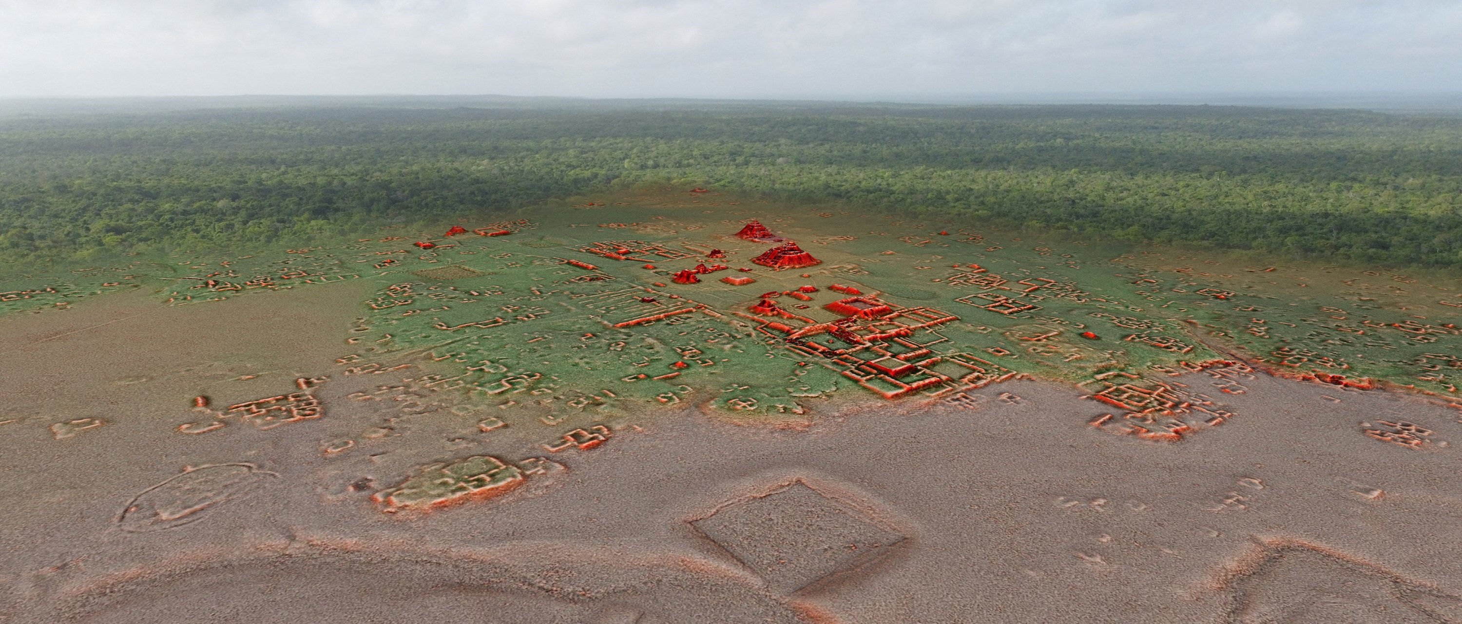 Grafik yang mengilustrasikan detail baru, ditemukan menggunakan teknologi laser LiDAR, dari kota Maya kuno Calakmul, Meksiko, dalam gambar selebaran tak bertanggal ini.  (Foto Reuters)