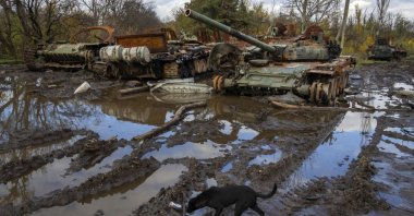 Russian tanks damaged in recent fighting are seen near the recently retaken village of Kamianka, Kharkiv, Ukraine, Oct. 30, 2022. (AP Photo)
