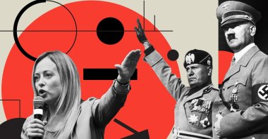 Illustration shows new Italian Prime Minister Giorgia Meloni (L), the Italian dictator Benito Mussolini (C) and the German dictator Adolf Hitler. (Illustration by Büşra Öztürk)
