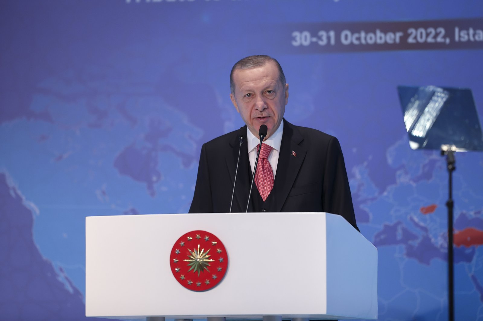 President Recep Tayyip Erdoğan speaks during an awards ceremony for the Turkish medical sector, in Istanbul, Türkiye, Oct. 31, 2022. (AA Photo)