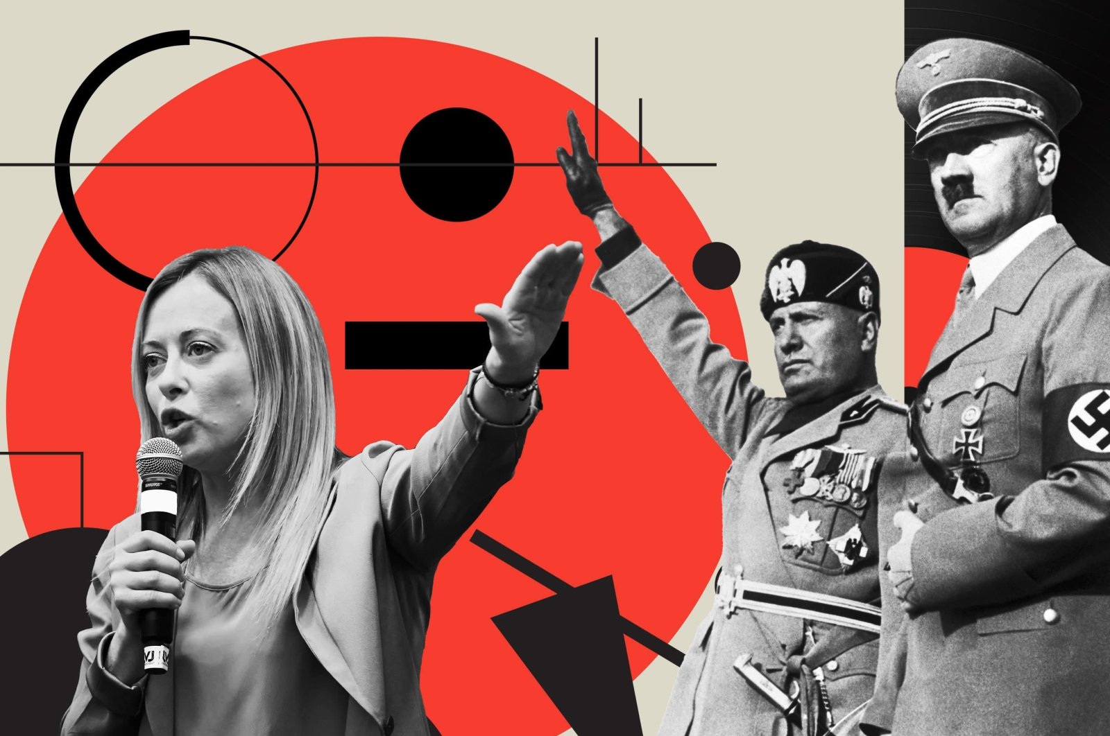 Illustration shows new Italian Prime Minister Giorgia Meloni (L), the Italian dictator Benito Mussolini (C) and the German dictator Adolf Hitler. (Illustration by Büşra Öztürk)
