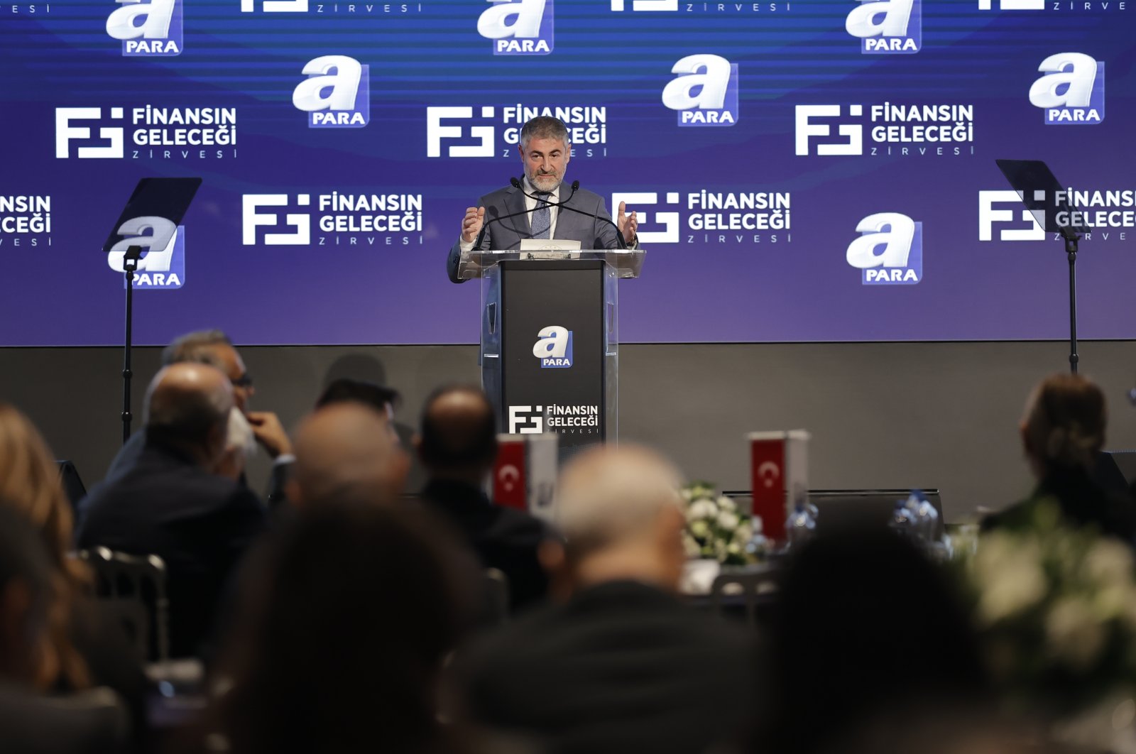 Treasury and Finance Minister Nureddin Nebati speaks during the 2nd Future of Finance Summit, organized by Turkuvaz Media Group’s broadcaster A Para, in Istanbul, Türkiye, Oct. 31, 2022. (AA Photo)