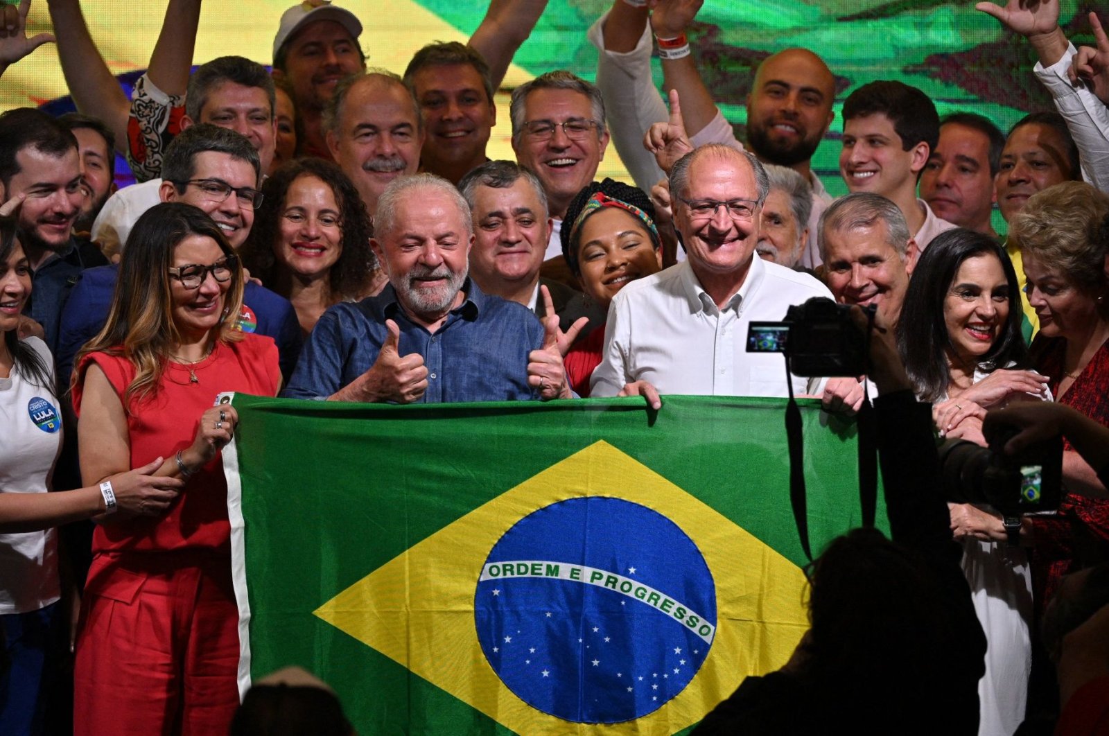  Elected president and vice president for the leftist Workers Party (PT) Luiz Inacio Lula da Silva (C) and Geraldo Alckmin (R) celebrate after winning the presidential run-off election, in Sao Paulo, Brazil, on Oct. 30, 2022. (AFP Photo)