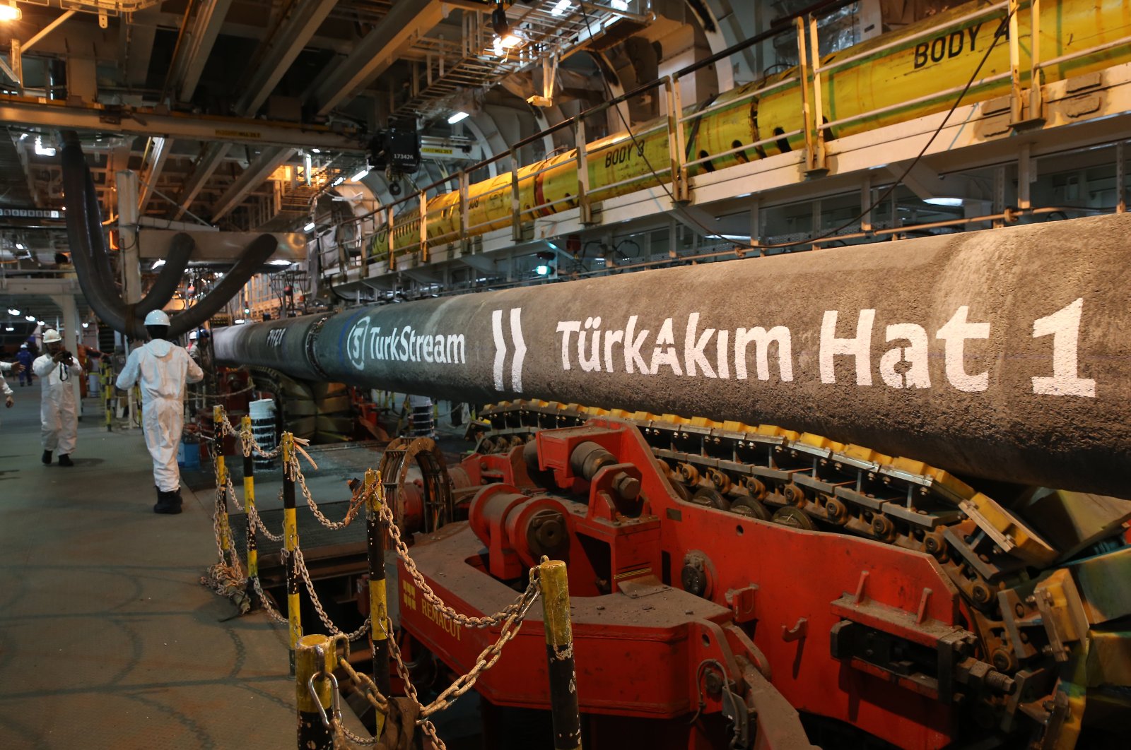 Part of TurkStream pipeline is seen on the Pioneering Spirit vessel in this undated file photo. (AA File Photo)