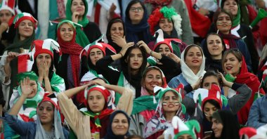Female football fans show their support during the FIFA World Cup Qualifier match between Iran and Cambodia at Azadi Stadium, Tehran, Iran, Oct. 10, 2019. (Getty Images Photo)