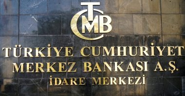 A logo of Turkey's central bank at the entrance of the bank's headquarters in the capital Ankara, Türkiye, April 19, 2020. (Reuters Photo)