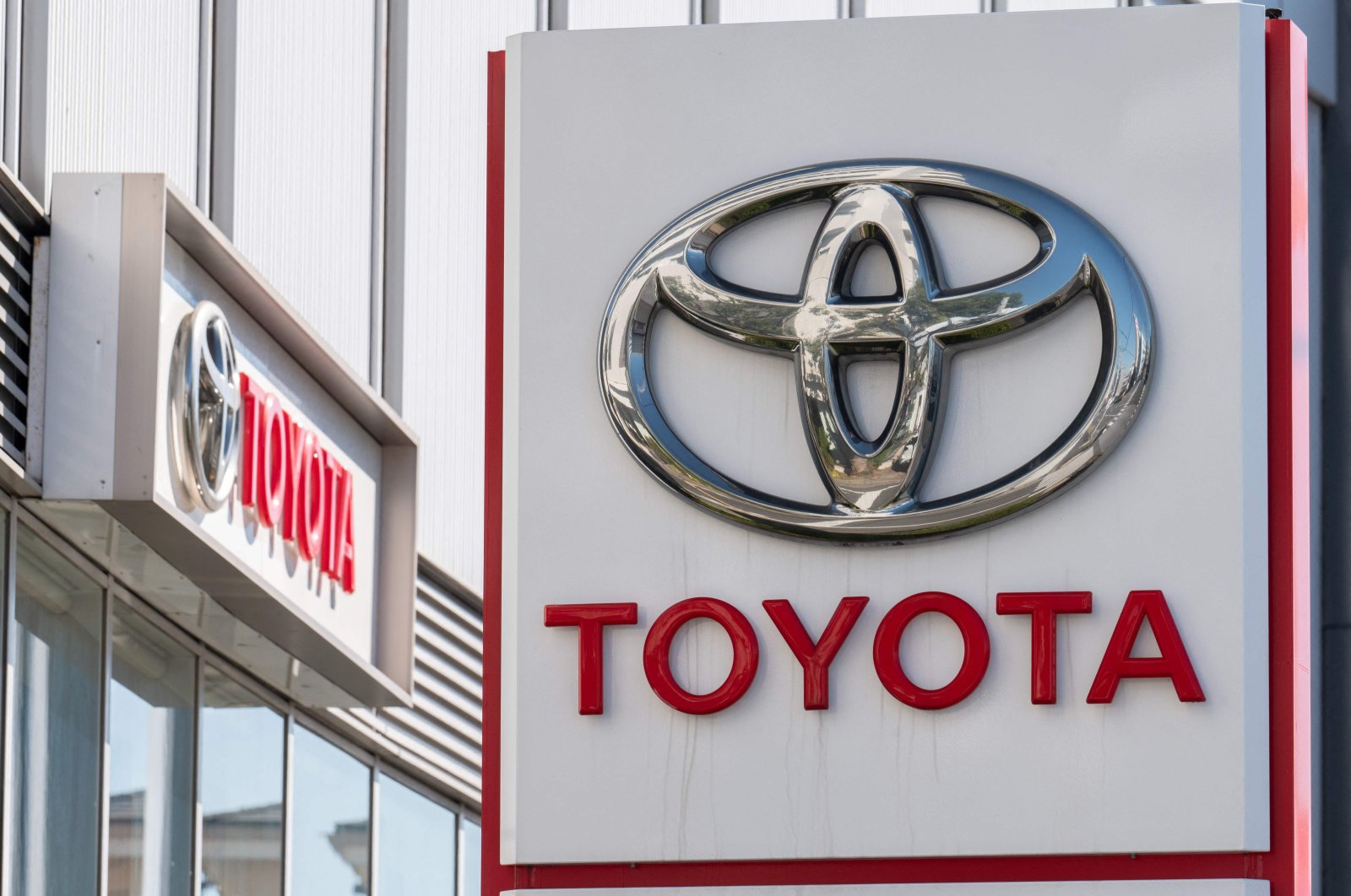 The logo of Toyota displayed at a car showroom in Tokyo, Japan, Oct. 31, 2022. (AFP Photo)