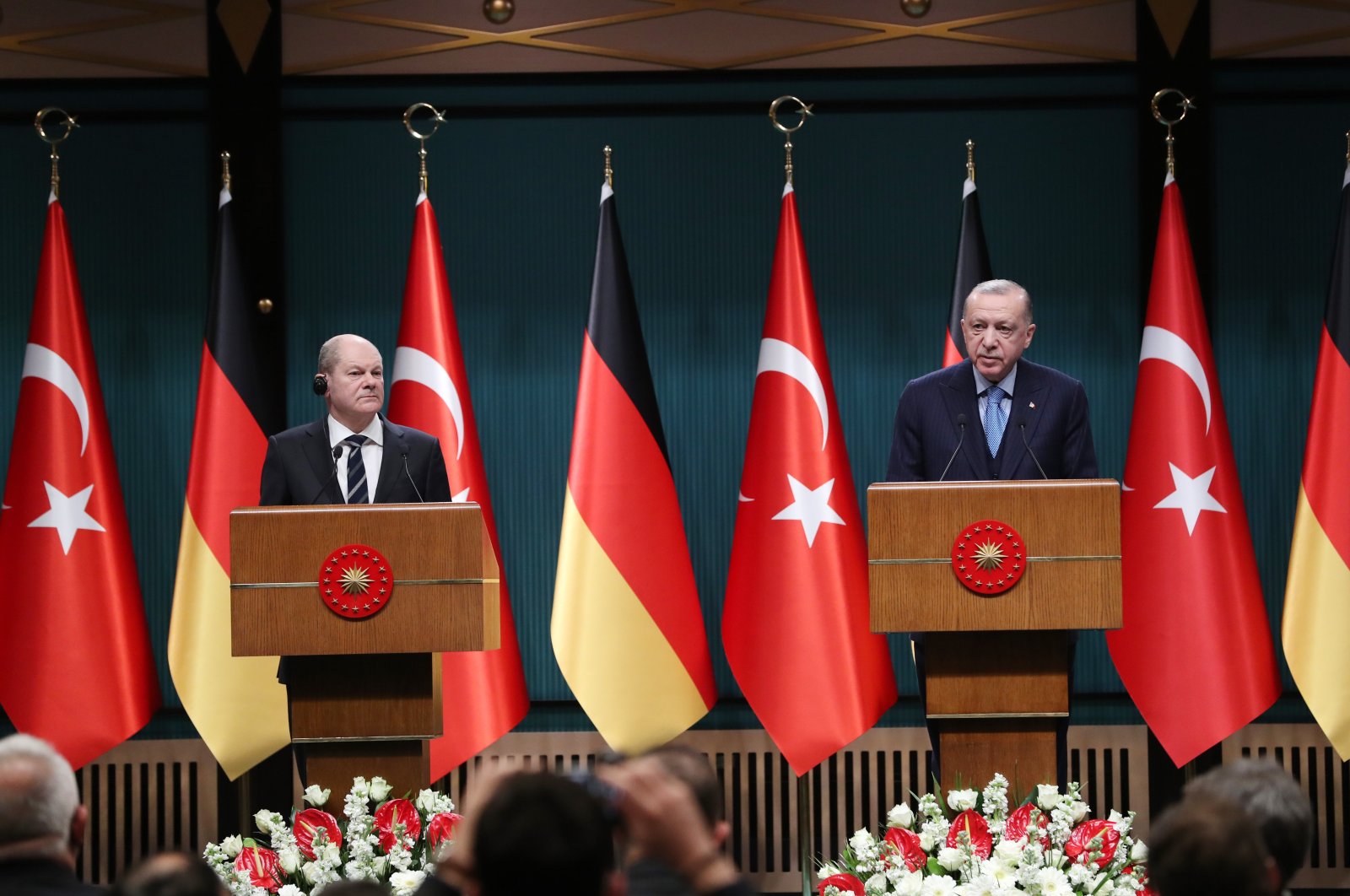 President Recep Tayyip Erdoğan and German Chancellor Olaf Scholz hold a joint press conference in the capital Ankara, Türkiye, March 16, 2022. (AA Photo)