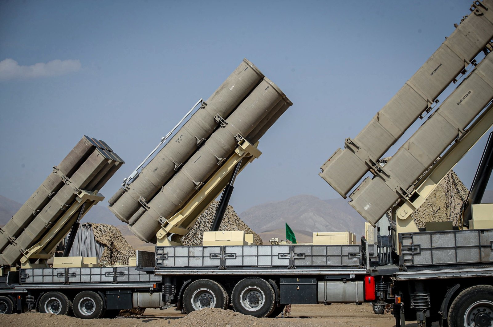 Iranian missile systems are seen during an Iranian Revolutionary Guards Corps military drill in Aras, Iran, Oct. 17, 2022. (IRGC office via EPA)