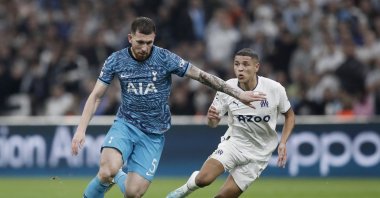 Tottenham's Pierre-Emile Hojbjerg (L) and Marseille's Amine Harit in action during the UEFA Champions League Group D football match between Olympique Marseille and Tottenham Hotspurs, Marseille, France, Nov. 1, 2022. (EPA Photo)