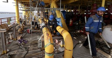 Workers are seen on an offshore drilling platform off Istanbul's Silivri district, Türkiye, Oct. 11, 2022. (AA Photo)