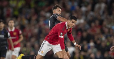 Manchester United's Cristiano Ronaldo and Real Sociedad's Martin Zubimendi in action during the UEFA Europa League Group E match between Manchester United and Real Sociedad at Old Trafford, Manchester, United Kingdom, Sept. 8, 2022. (Getty Images Photo)