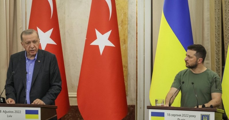 President Recep Tayyip Erdoğan (L), Ukrainian President Volodymyr Zelenskyy (R) and U.N. Secretary-General Antonio Guterres (not pictured) attend a joint news conference following their meeting in Lviv, Ukraine, Aug. 18, 2022. (Reuters Photo)