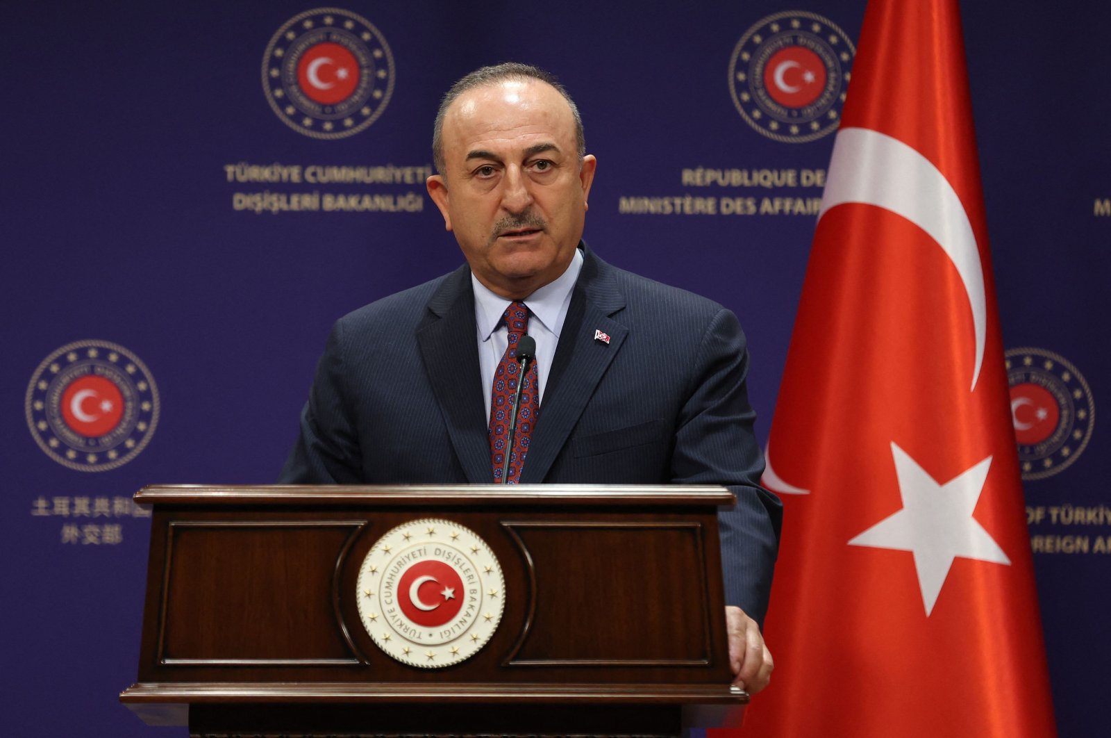 Turkish Foreign Minister Mevlüt Çavuşoğlu speaks during a press conference with Albanian Foreign Minister Olta Xhacka (not pictured) after a Political Dialogue Group meeting in Ankara, Türkiye, Nov. 1, 2022. (AFP Photo)