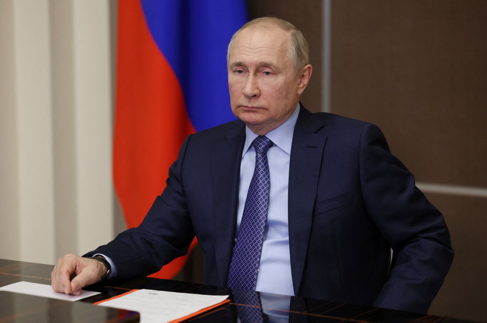 Russian President Vladimir Putin chairs a meeting with members of the Security Council via a video link in Sochi, Russia Nov. 2, 2022. (Sputnik Pool via Reuters)