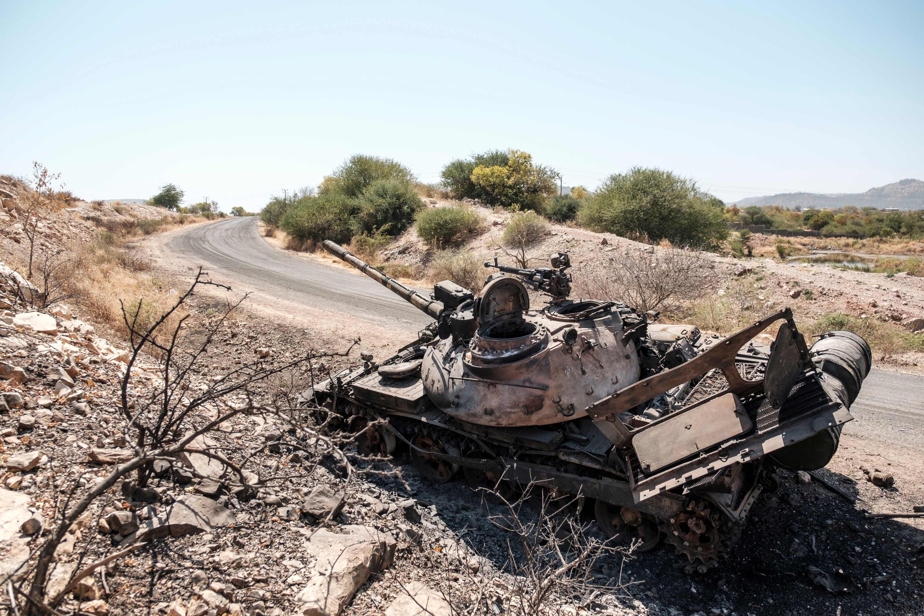 A damaged tank stands abandoned on a road near Humera, Ethiopia, Nov. 22, 2020. (AFP Photo)