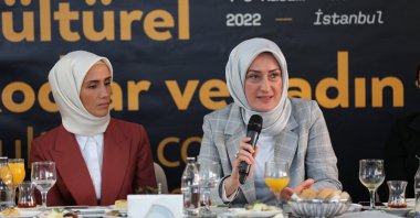 Saliha Okur Gümrükçüoğlu speaks at an event to promote the summit, in Istanbul, Türkiye, Oct. 24, 2022. (Courtesy of KADEM)