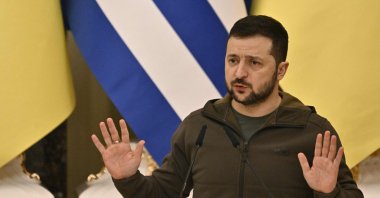 Ukraine's President Volodymyr Zelenskyy speaks during a joint news conference with Greek President Katerina Sakellaropoulou (not pictured) following their meeting in Kyiv, Ukraine, Nov. 3, 2022. (AFP Photo)