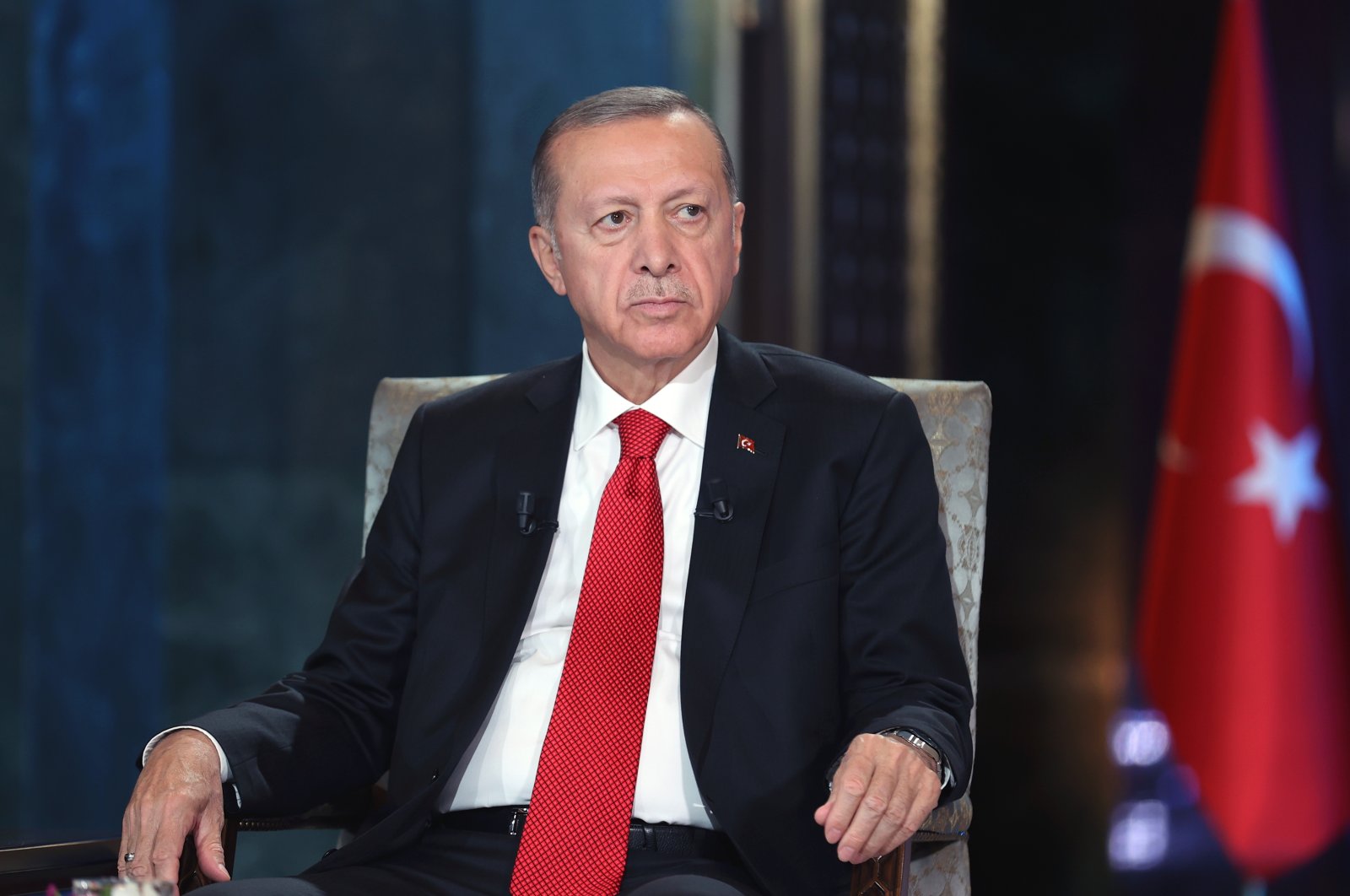 President Recep Tayyip Erdoğan is seen during a joint live broadcast on the ATV and a Haber channels in Ankara, Türkiye, Nov. 2, 2022. (AA Photo)