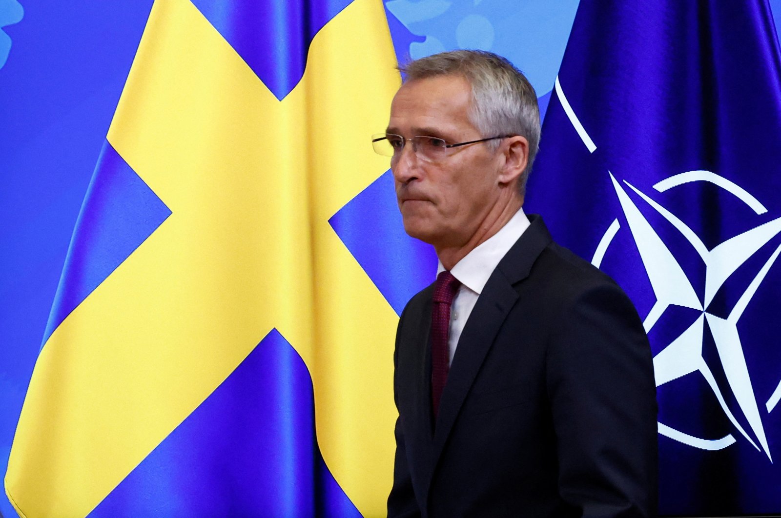 NATO Secretary-General Jens Stoltenberg arrives to hold a news conference after a meeting at the alliance&#039;s headquarters in Brussels, Belgium, Oct. 20, 2022. (REUTERS Photo)