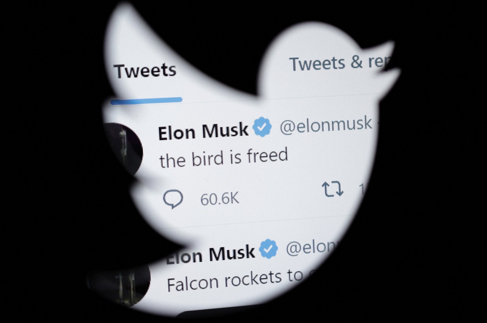 Elon Musk&#039;s tweet reading &quot;The bird is freed&quot; is seen through a Twitter logo in this illustration taken on Oct. 28, 2022. (Reuters Photo)