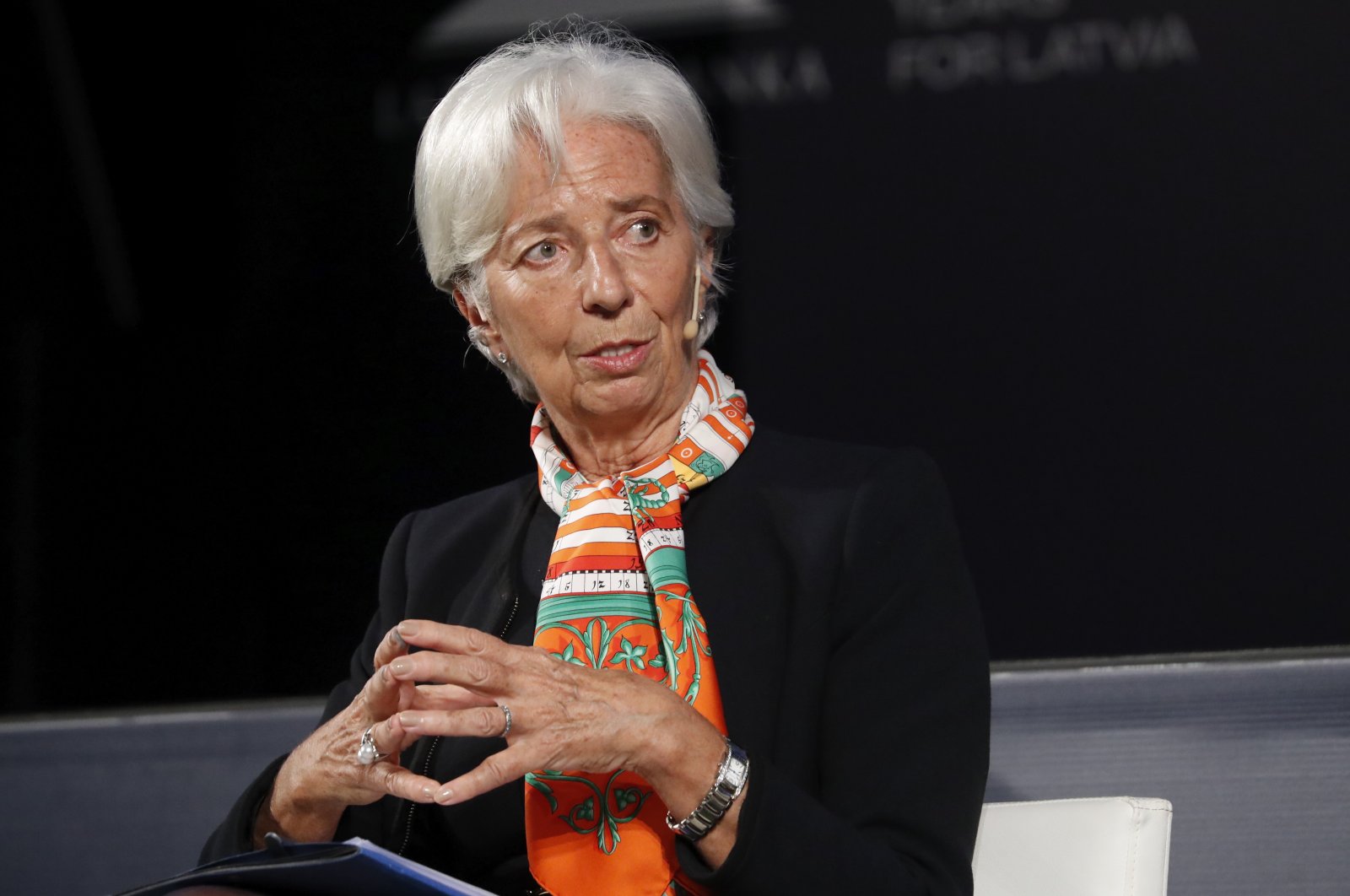 European Central Bank (ECB) President Christine Lagarde speaks during the introductory panel &quot;A Bridge over Troubled Waters&quot; at the international economic conference &quot;Sustainability and Money: Shaping the Economy of the Future&quot; in Riga, Latvia, Nov. 3, 2022. (EPA Photo)