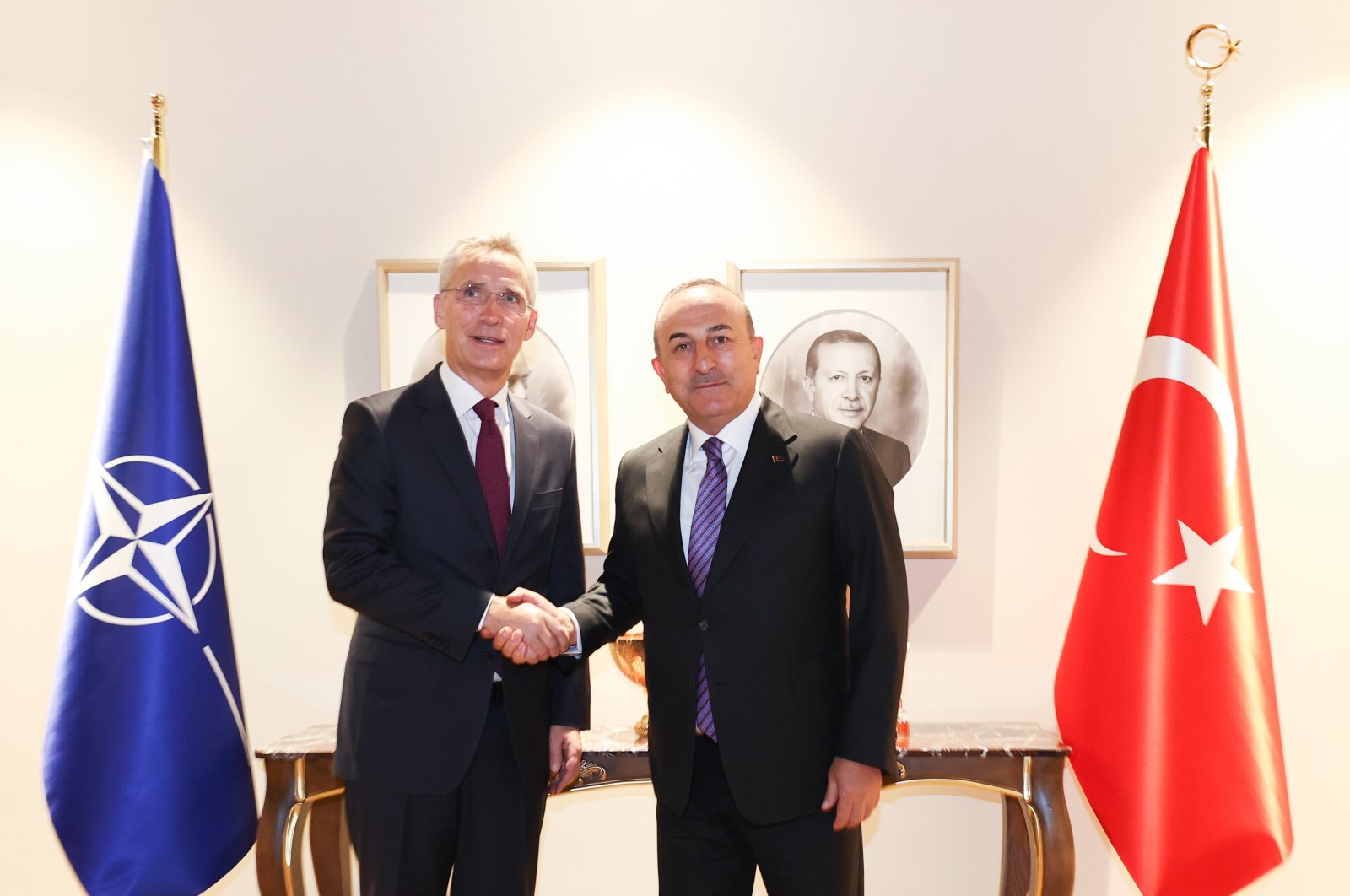 Foreign Minister Mevlüt Çavuşoğlu (right), shakes hands with NATO Secretary-General Jens Stoltenberg at the ministry office in Istanbul, Türkiye, Thursday, Nov. 3, 2022. (AA Photo)