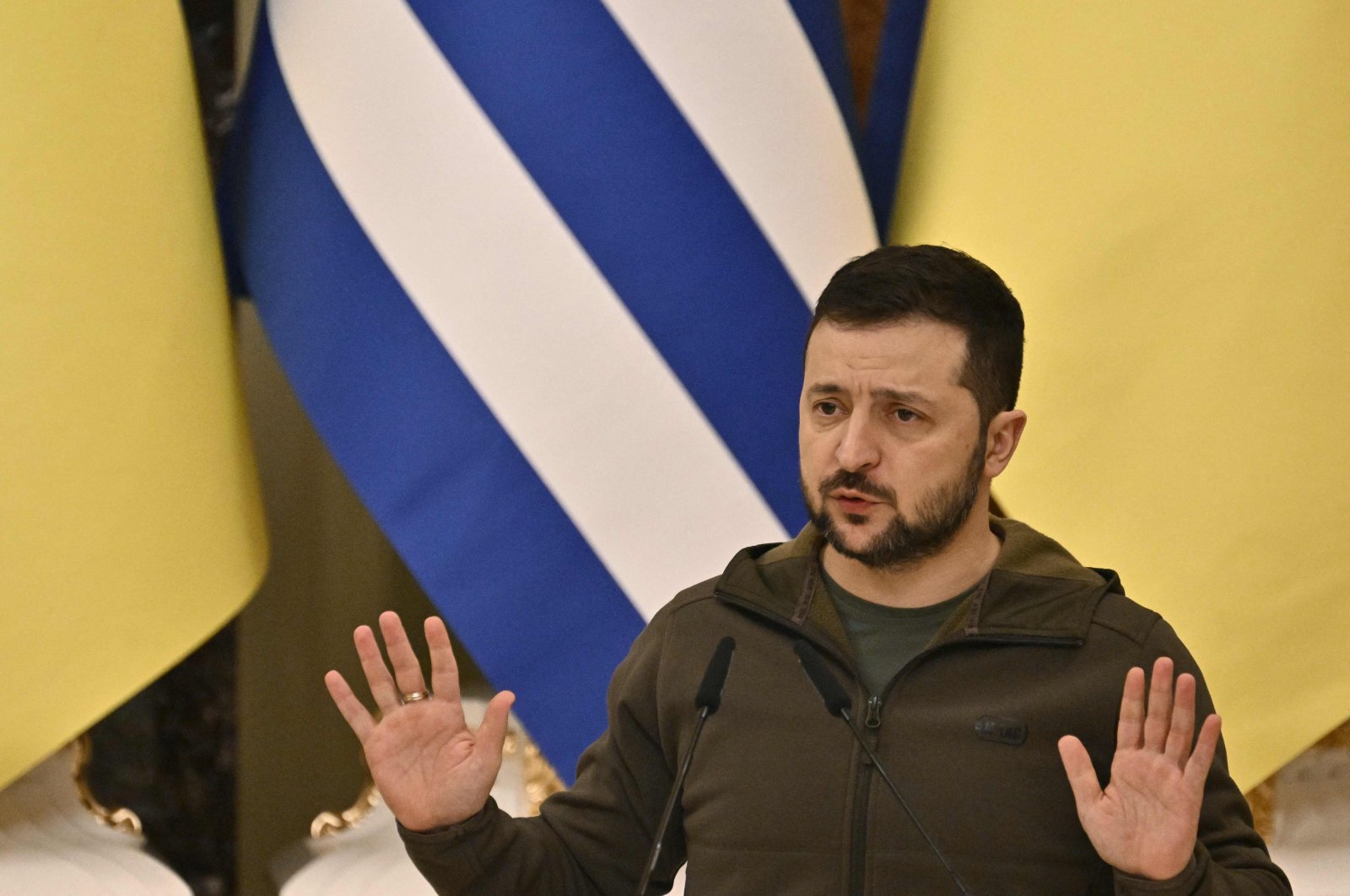 Ukraine&#039;s President Volodymyr Zelenskyy speaks during a joint news conference with Greek President Katerina Sakellaropoulou (not pictured) following their meeting in Kyiv, Ukraine, Nov. 3, 2022. (AFP Photo)
