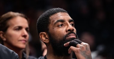 Brooklyn Nets' Kyrie Irving looks on from the bench during the third quarter of the game against the Indiana Pacers at the Barclays Center, New York City, New York, U.S., Oct. 31, 2022. (Getty Images Photo)