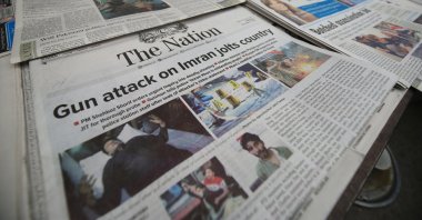 Newspapers reporting the shooting of former Prime Minister Imran Khan at a news stand in Peshawar, Pakistan, Nov. 4, 2022. (EPA Photo)
