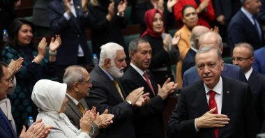 President and leader of the Justice and Development Party (AK Party) Recep Tayyip Erdoğan is applauded by lawmakers during his party's group meeting at the Turkish Grand National Assembly in Ankara, Türkiye, Nov. 2, 2022. (AFP Photo)