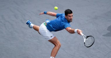 Novak Djokovic of Serbia in action during his match against Karen Khachanov of Russia at the Rolex Paris Masters 2022 Tennis Tournament, Paris, France, Nov. 3, 2022. (EPA Photo)