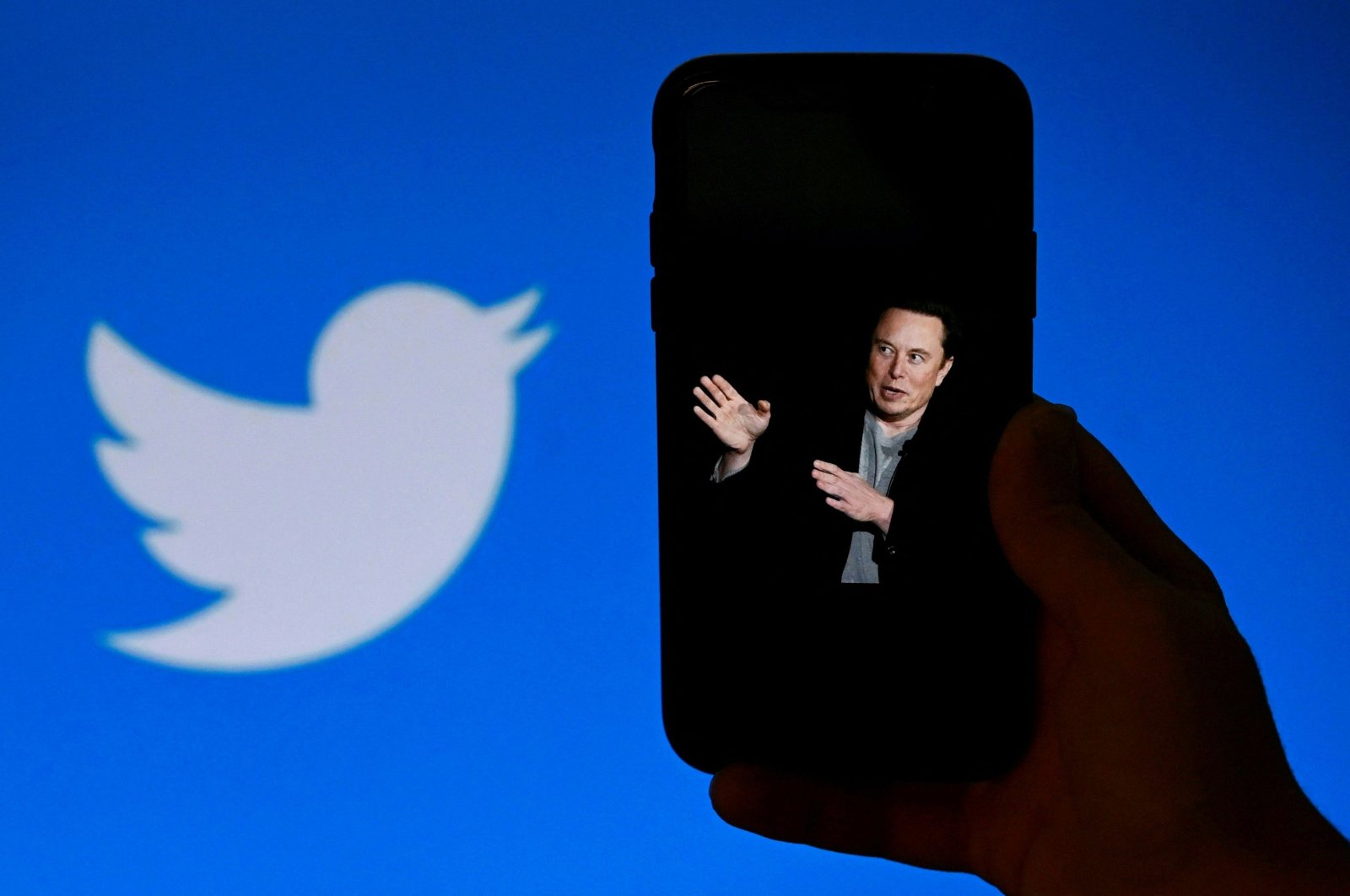 A phone screen displays a photo of Elon Musk with the Twitter logo shown in the background, in Washington, D.C., U.S., Oct. 4, 2022. (AFP Photo)