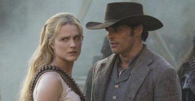 A stillshot from "Westworld" shows Evan Rachel Wood (L) as Dolores Abernathy and James Marsden as Teddy Flood.