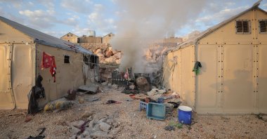 Smoke rise at Maram camp for internally displaced people after shelling on camp in northwestern Idlib province, Syria, Nov. 6, 2022. (EPA Photo)
