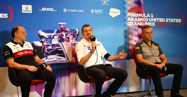 Frederic Vasseur (L), Guenther Steiner (C) and Mario Isola attend the team principals' press conference prior to final practice ahead of the F1 U.S. Grand Prix in Austin, Texas, Oct. 22, 2022. (AFP Photo)