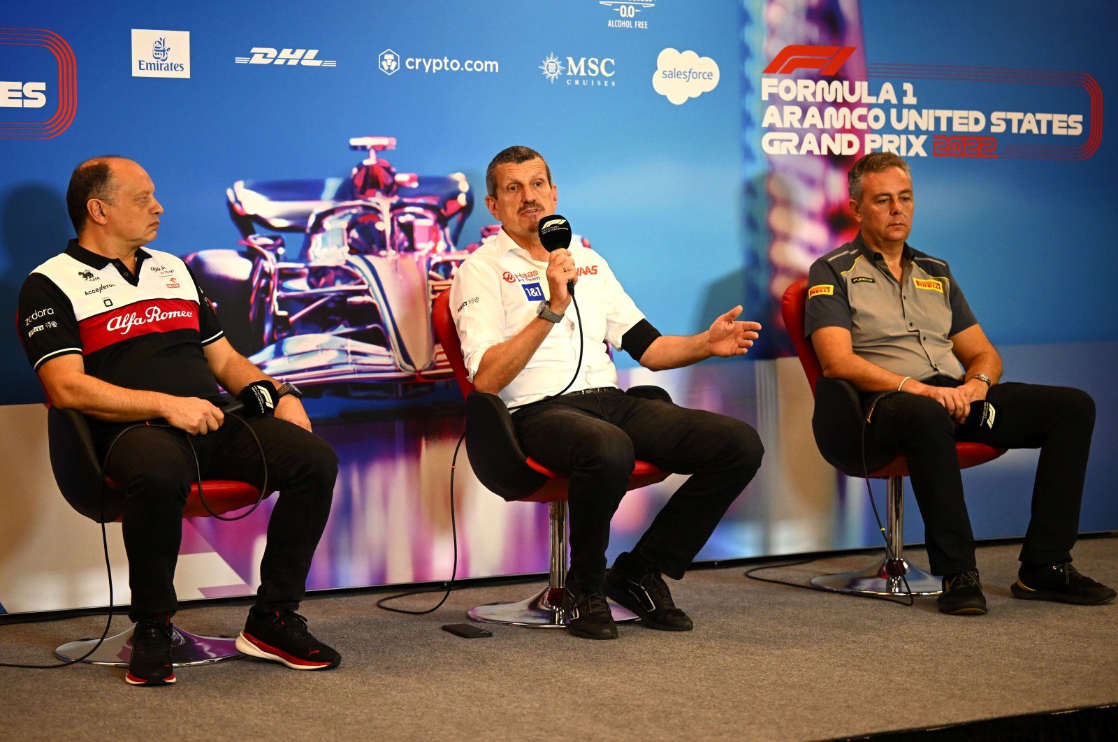 Frederic Vasseur (L), Guenther Steiner (C) and Mario Isola attend the team principals&#039; press conference prior to final practice ahead of the F1 U.S. Grand Prix in Austin, Texas, Oct. 22, 2022. (AFP Photo)