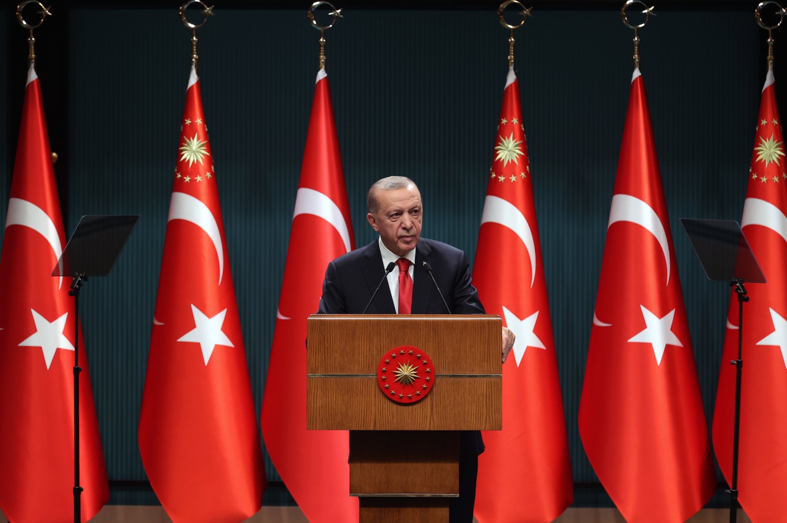 President Recep Tayyip Erdoğan speaks to reporters following a cabinet meeting in Ankara, Nov. 7, 2022. (AA Photo)