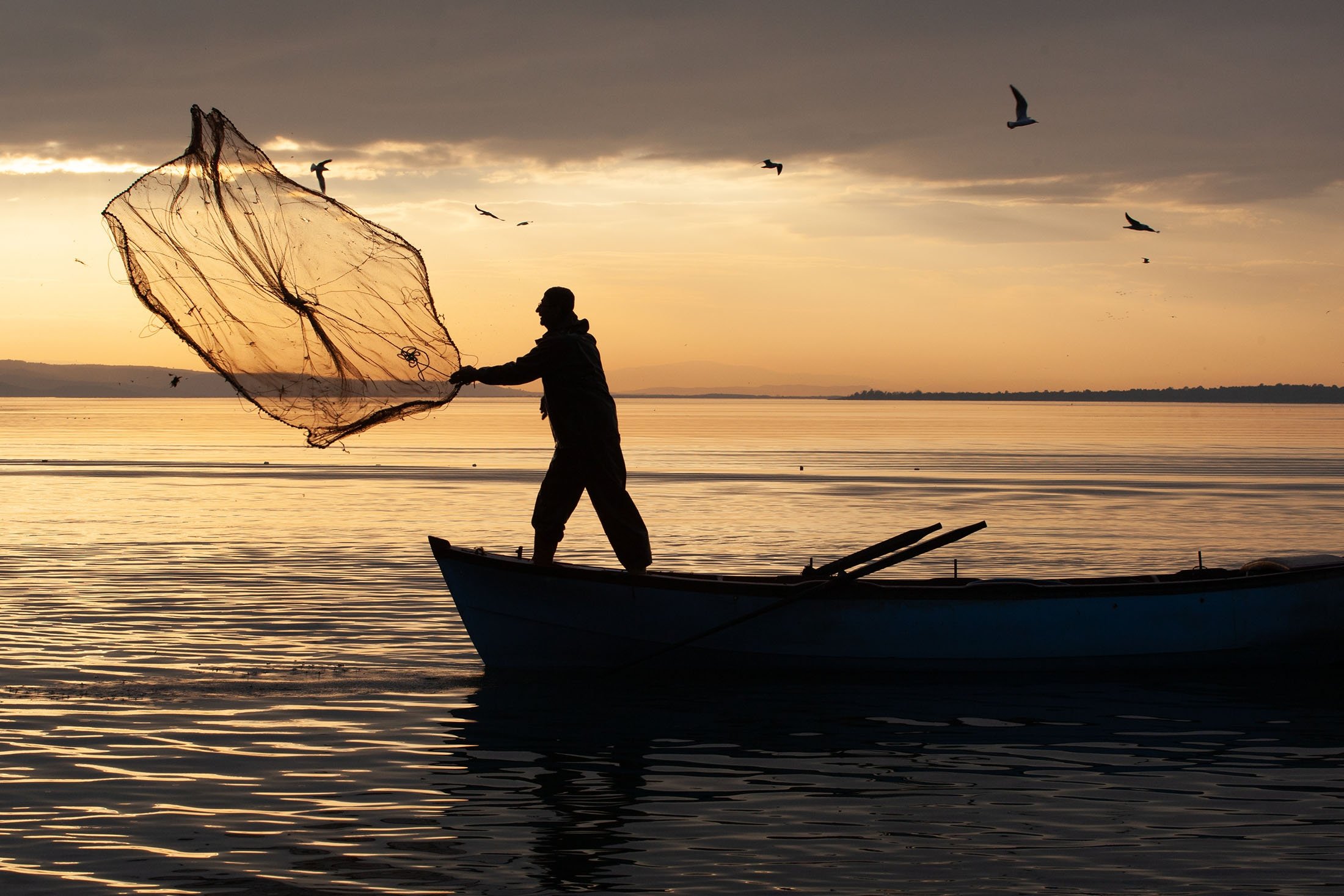 Nelayan bekerja di Danau Uluabat yang terkenal di Gölyazı, Bursa, Türkiye.  (Foto Shutterstock)