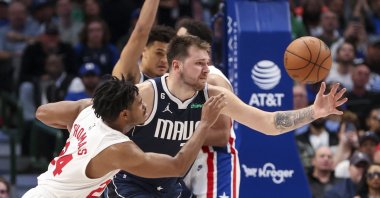 Dallas Mavericks guard Luka Doncic tries to control the ball as Brooklyn Nets guard Cam Thomas defends during the third quarter at American Airlines Center, Dallas, Texas, U.S., Nov. 7, 2022. (Reuters Photo)